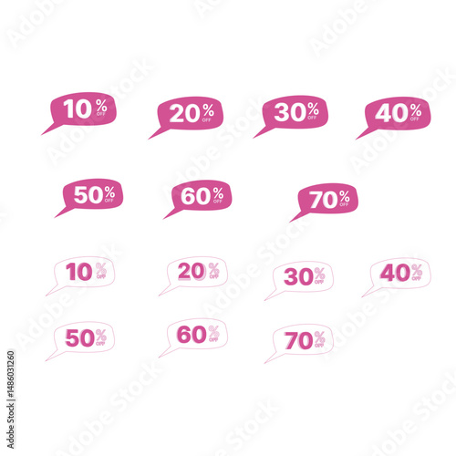 Set of discount stickers, Pink price tags with discounts 10,20,30,40,50,60,70,Flat vector elements for sales, promotions, isolated on transparent background

