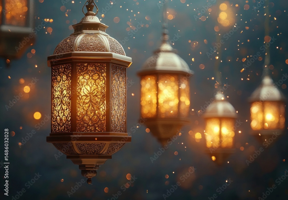 Fototapeta premium ornate glowing lanterns hanging softly illuminated with warm light surrounded by floating glowing particles creating a magical and serene atmosphere