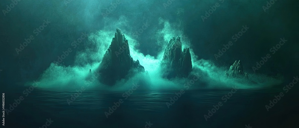 Naklejka premium Mysterious teal peaks shrouded in mist emerge from a dark sea.
