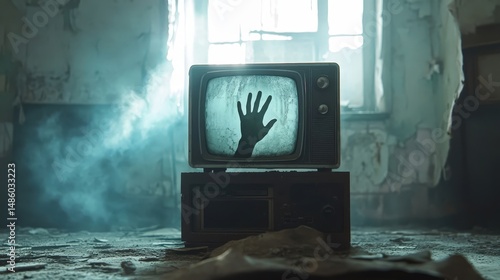 A mysterious hand reaches out from an old television in a dimly lit room, evoking feelings of fear and curiosity.