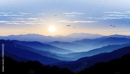 Wallpaper Mural Sunrise over misty mountain range, trees at bottom, birds in sky, shades of blue Torontodigital.ca