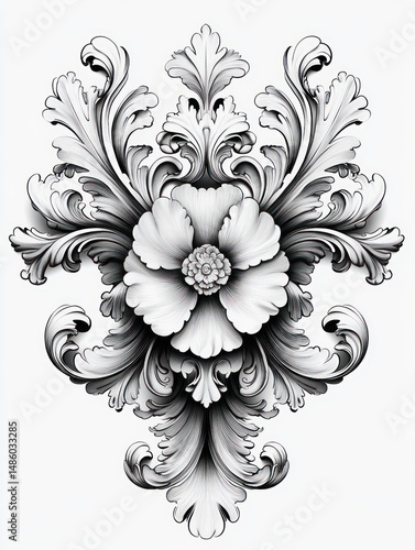 Intricate black and white ornamental floral design featuring a central large flower with detailed petals surrounded by symmetrical swirling leaves and foliage