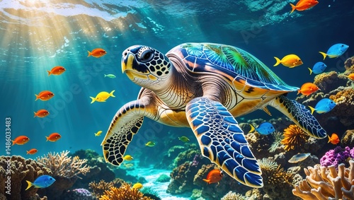 A vibrant sea turtle glides through a coral reef, surrounded by colorful fish. Sunlight streams from above, illuminating the scene.