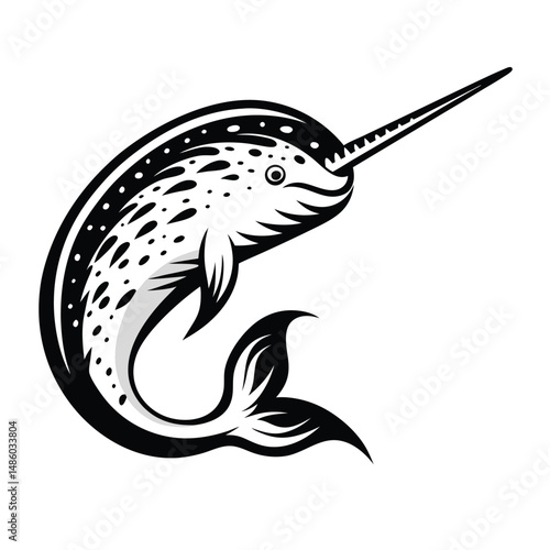 Monochrome Narwhal with Distinctive Tusk, Aquatic Mammal Sealife, Simple Design