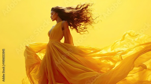 Woman in flowing yellow gown against vibrant yellow background.