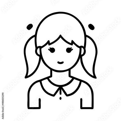 Outline icon of smiling girl with pigtails in flat style