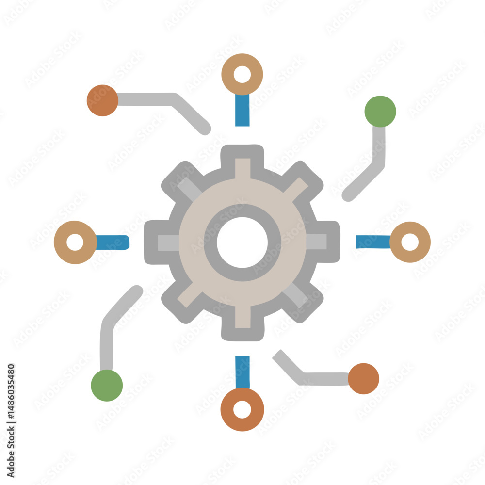 Central gear with connected nodes in flat colorful design