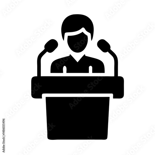 Speaker at podium with microphones in black silhouette style