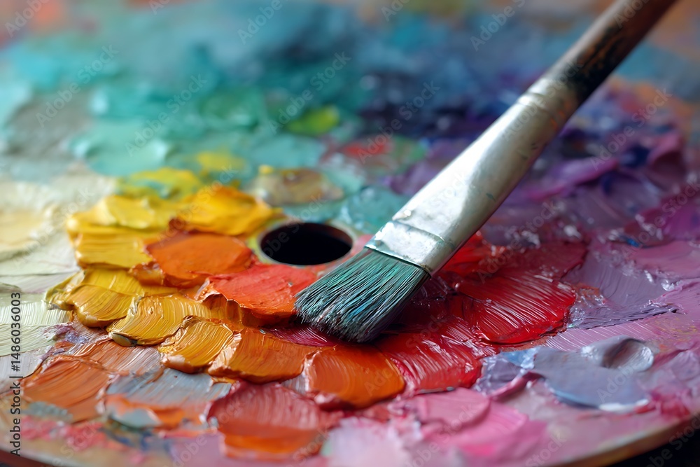 Fototapeta premium Paintbrush with Vibrant Colors in Close-Up View 
