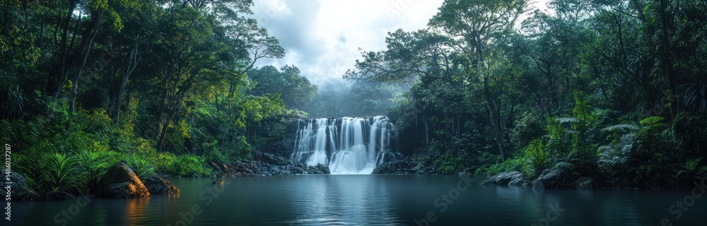 Fototapeta premium Calm river with smooth flowing waterfall surrounded by dense green forest under a cloudy sky creating a serene and peaceful atmosphere