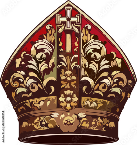Baroque Golden Papal Mitre with Ornate Cross – Luxurious Catholic Bishop Hat Vector Illustration