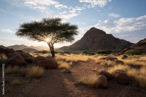 A tree is in the middle of a desert with a mountain in the background. The sun is shining on the tree, creating a warm and peaceful atmosphere