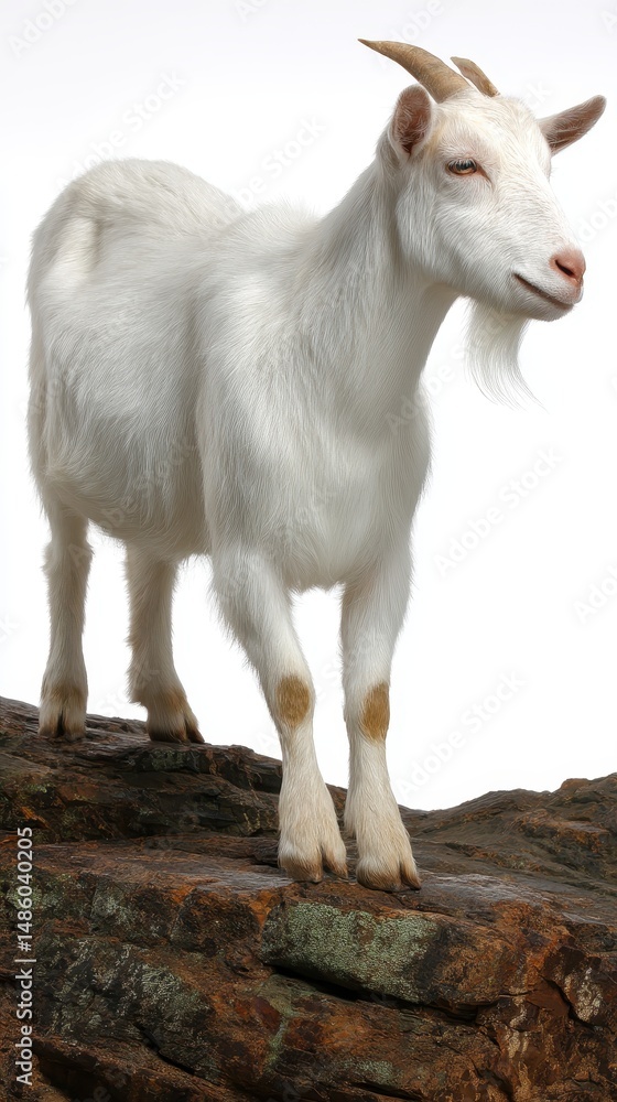 Fototapeta premium Fluffy White Goat on Brown Rocks Against White Background