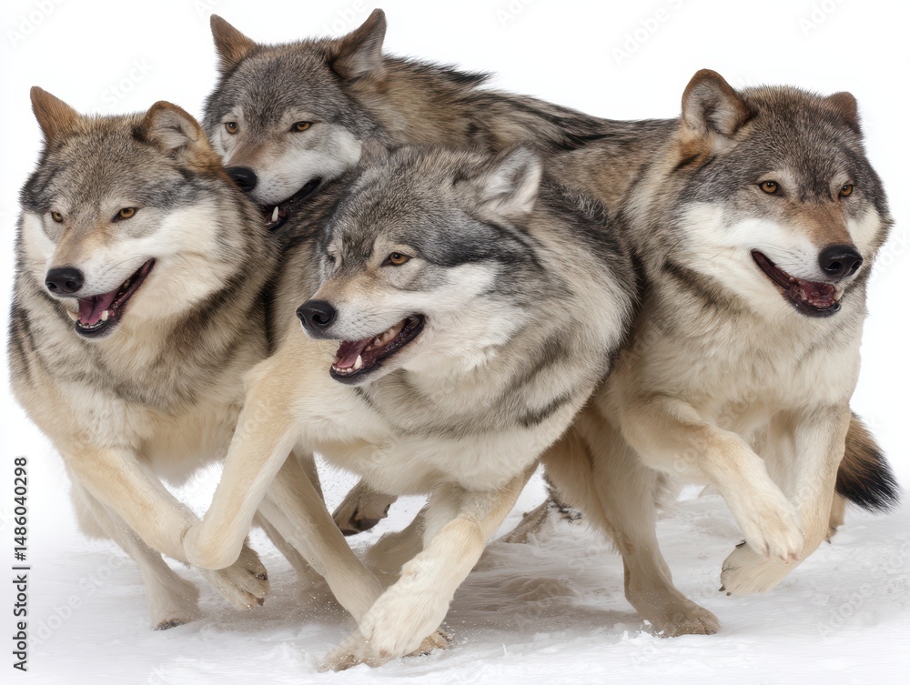 Fototapeta premium Four Grey Wolves Running in Snowy Wilderness