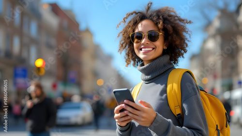 Cheerful Woman in Sunglasses Texting in the City