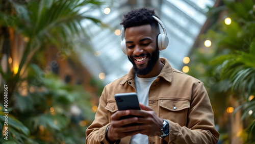 Smiling Man Enjoying Music with Headphones in Greenhouse Setting