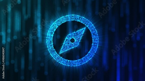 A glowing blue digital compass symbol against a dark, technological abstract backdrop.