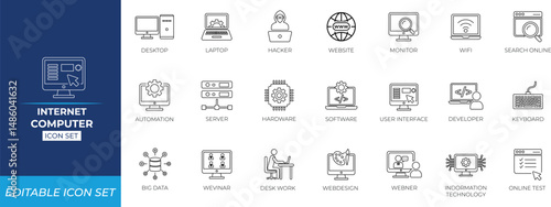 Internet computer line icon set..