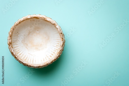 Empty seashell sits on a teal surface