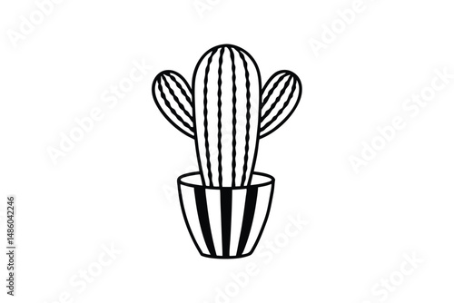 Line art illustration of a tall cactus with arms placed in a striped ceramic vase.eps