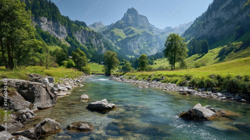 Fototapeta premium Picturesque alpine river winding through lush valley