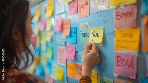 Woman adding sticky note with Thank You on colorful board for teamwork appreciation