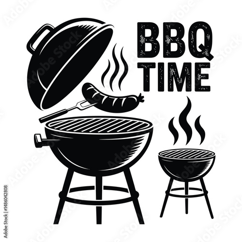 Black and white BBQ grill graphic with a sausage cooking.