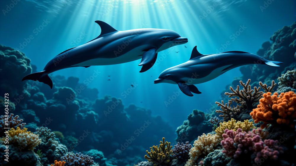 Fototapeta premium Majestic Dolphins Swimming in Vibrant Coral Reef