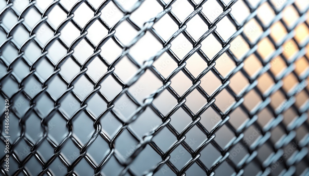 Fototapeta premium Close-up of a shiny metal chain-link fence with a blurred background featuring soft blue and orange hues, creating a calm and structured atmosphere