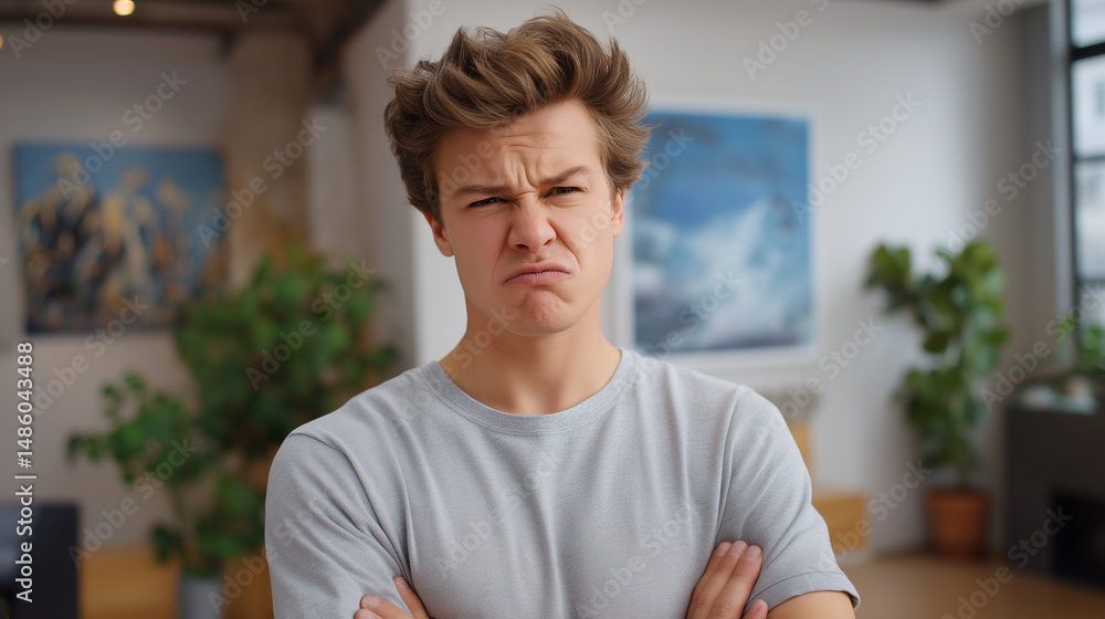 Fototapeta premium Frustrated person with furrowed brows expressing intense emotions