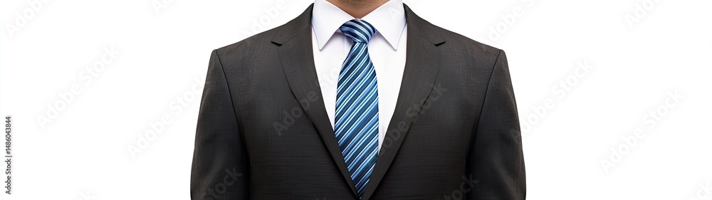 Close-up of a man's torso in a dark suit and blue striped tie, isolated on white. Close-up of a man's torso in a dark suit and blue striped tie, isolated on white.