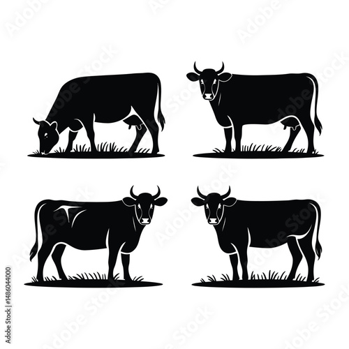 Four Silhouettes of Cows Grazing
