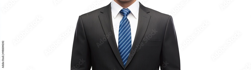 Close-up of a man in a black suit and blue striped tie. Close-up of a man in a black suit and blue striped tie.