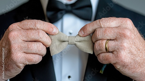 Elegant Hands Adjusting a Classic Bow Tie with Tuxedo Attire