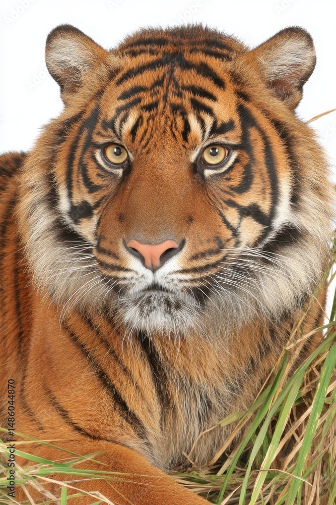 Fototapeta premium Sumatran Tiger Portrait Close up of an Orange and Black Striped Tiger in Green Grass Against a White Background