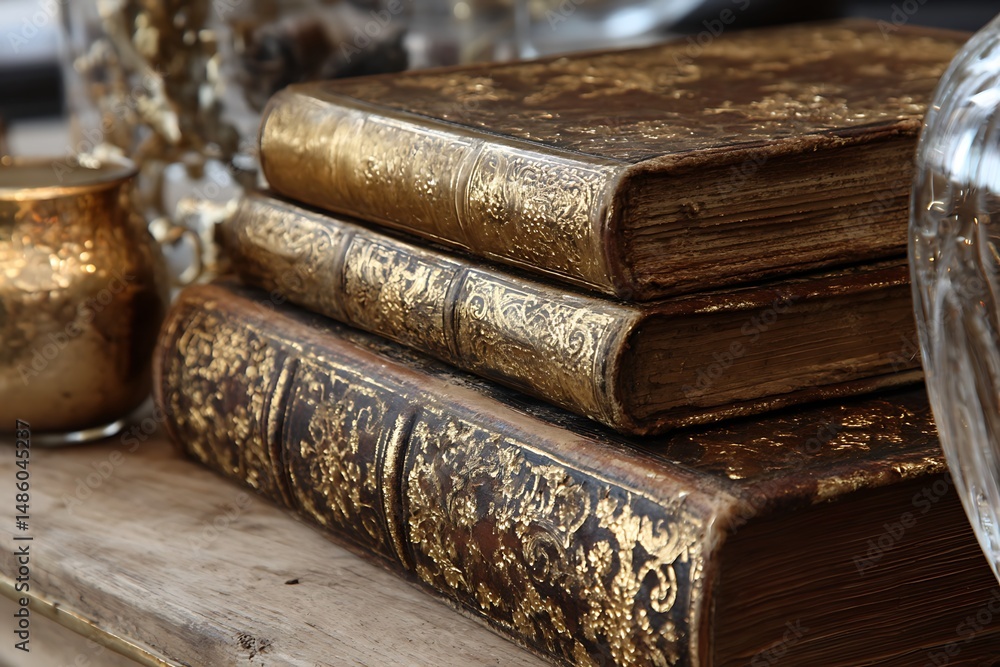 Tight frame of stacked old books with gold leaf on wood
Tight frame of stacked old books with gold leaf on wood