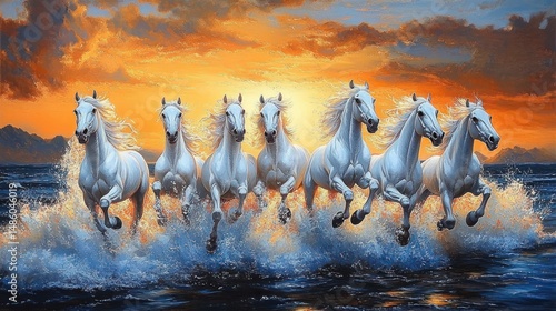 Seven white horses running through the ocean water during a dramatic orange and blue sunset with waves splashing dynamically