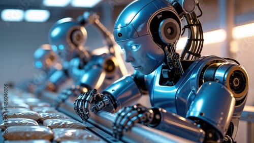 Futuristic robots meticulously package goods on an assembly line. Sleek, metallic blue robots work with precision and efficiency. A captivating image of advanced automation.