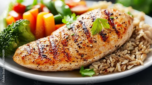 Grilled chicken breast served with colorful vegetables and brown rice on a white plate