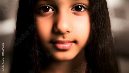 Wallpaper Mural Portrait of a young dark-haired girl with brown eyes staring straight forward against a light, blurred background in a digital painting style. Torontodigital.ca