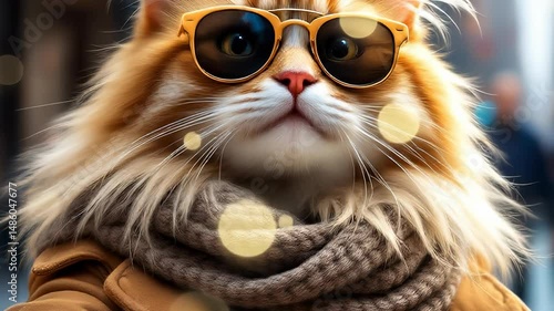 Close-up portrait of a stylish cat wearing sunglasses, a cozy scarf, and a fashionable coat. Humorous, adorable image with a modern urban background, capturing pet fashion and charm.