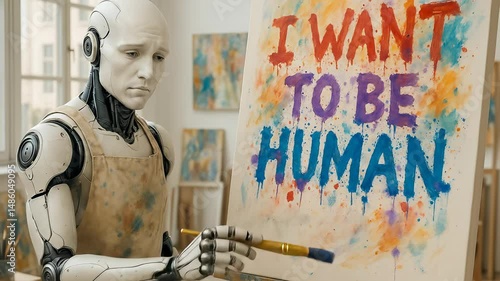 Futuristic humanoid robot artist painting an emotional phrase - I want to be human - on canvas in a bright art studio. Concept depicting artificial intelligence, creativity, and human-like emotions.