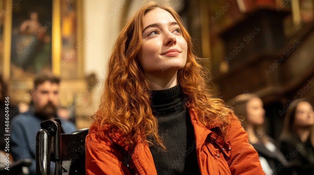 Fototapeta premium Redhead Woman in Orange Jacket Sitting in Church Pew among Audience