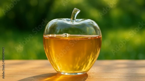 Closeup of apple juice gently swirling inside a glass shaped like an apple. The scene is set outdoors with bright natural sunlight, creating a refreshing and healthy atmosphere. Natural juice concept
