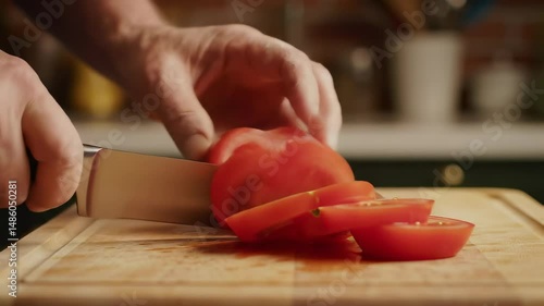 Close-up shot of a hand slicing a ripe tomato on a wooden cutting board with a sharp kitchen knife. Fresh vegetable preparation in warm indoor lighting, emphasizing texture and natural color.