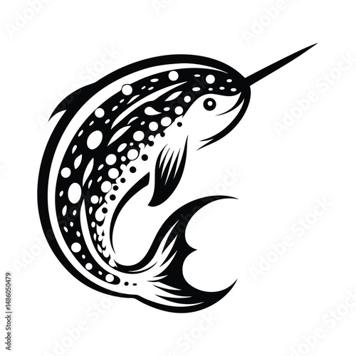 Elegant Narwhal Silhouette Circular Cetacean Horn, Spotted Skin, Minimalist Marine Art