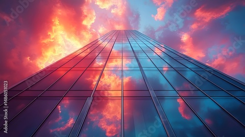 Wallpaper Mural A modern skyscraper with a reflective facade mirroring a dramatic sunset sky Torontodigital.ca
