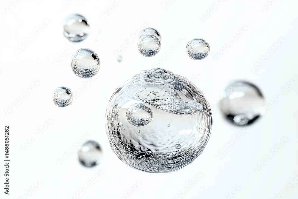 Close-up of multiple transparent water bubbles floating on a light background with reflections and smooth surfaces Close-up of multiple transparent water bubbles floating on a light background with reflections and smooth surfaces