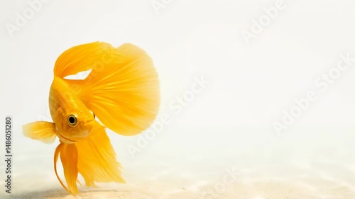 Close-up of a bright yellow goldfish swimming gracefully against a clean, minimal background. The soft lighting highlights the fish's delicate fins and scales