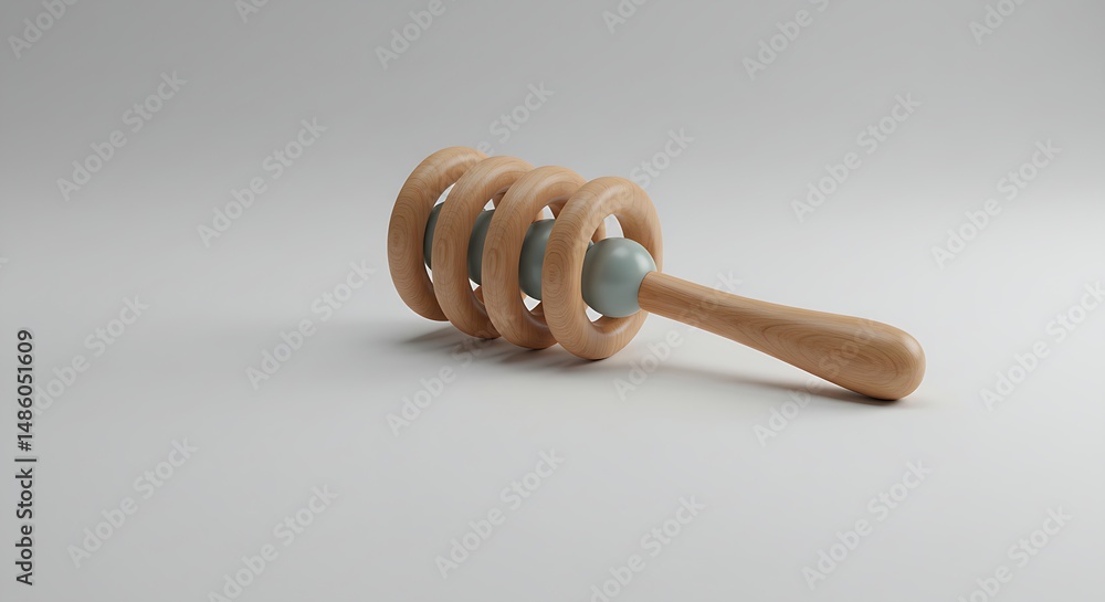 A wooden baby rattle with a cylindrical design, resting on a white surface. A wooden baby rattle with a cylindrical design, resting on a white surface.